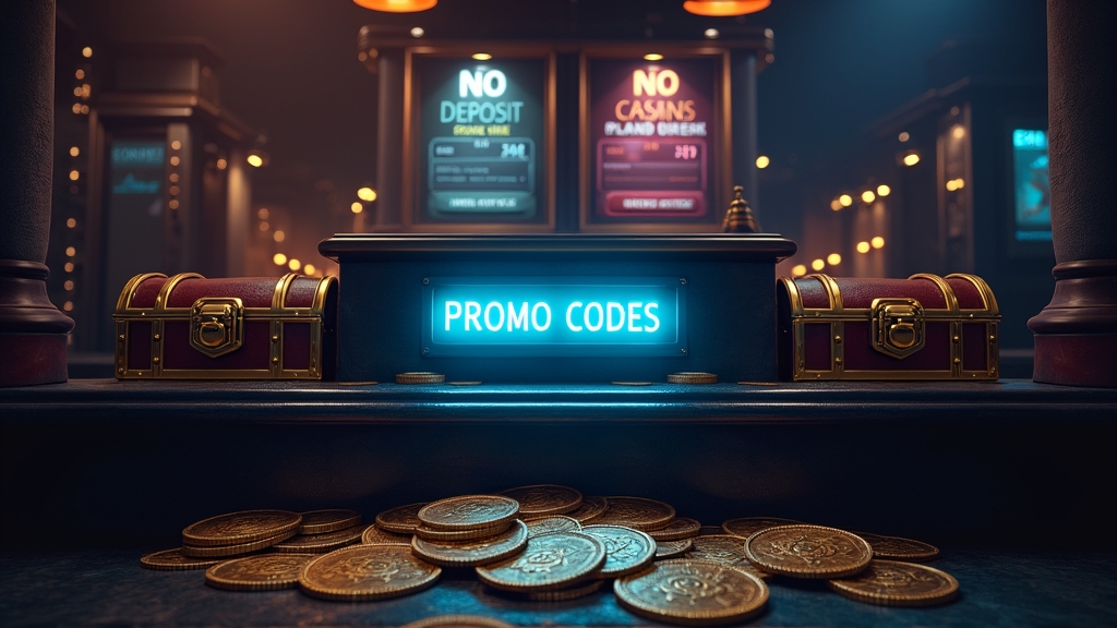 Neon casino desk with a bonus code field and gold coins glowing in the dark.