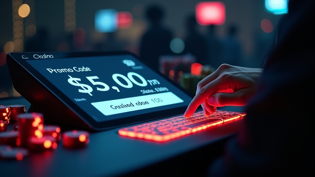 Player entering a promo code at a glowing casino cashier terminal.