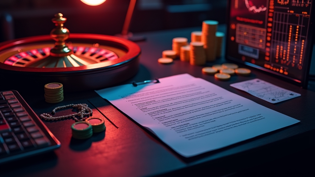 Casino desk showing bonus terms, wagering meter, and gold chips in a dark setting.