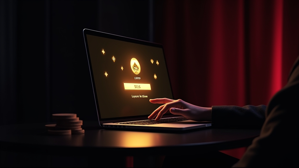 Casino-themed login screen glowing on a laptop with a hand near the sign-in button.