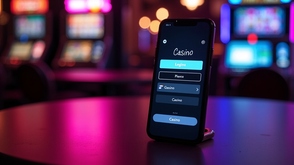 Mobile phone showing a casino login page beside a neon-lit desk in a dark lounge.