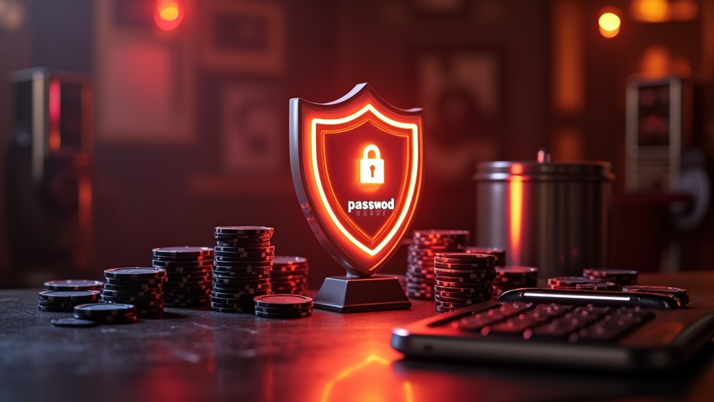 Secure login routine in a dark casino setting with a shield, password manager, and glowing screen.
